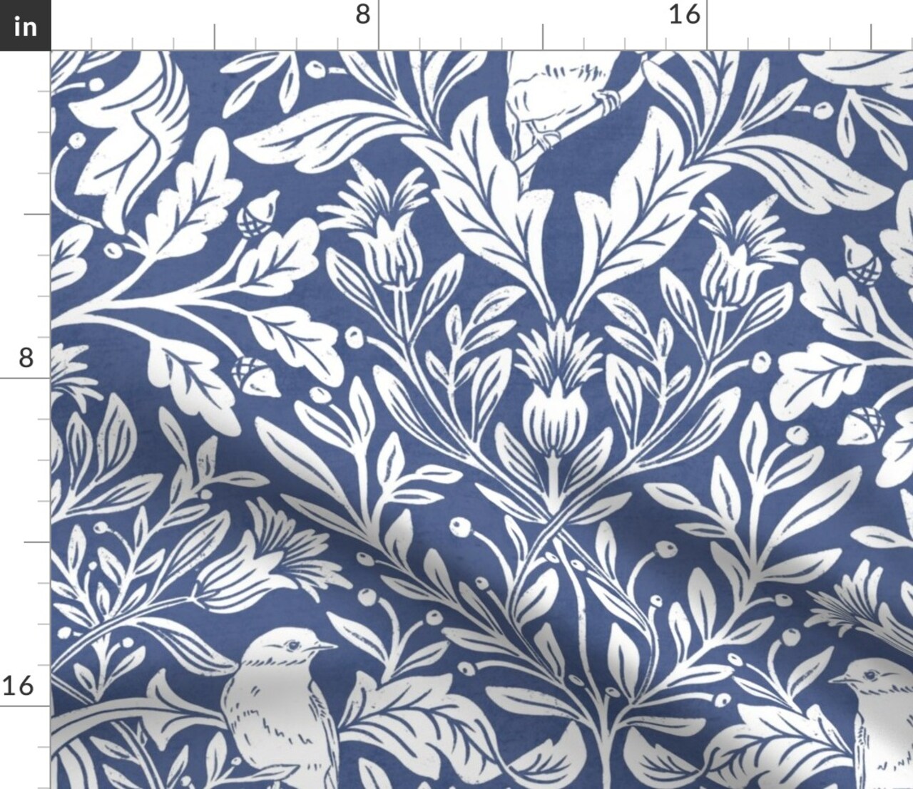 Woodland Blue Birds Traditional Block Print Botanical Floral Victorian Garden Custom Printed Fabric by Spoonflower Various Fabrics by the Yard or Fat Quarter